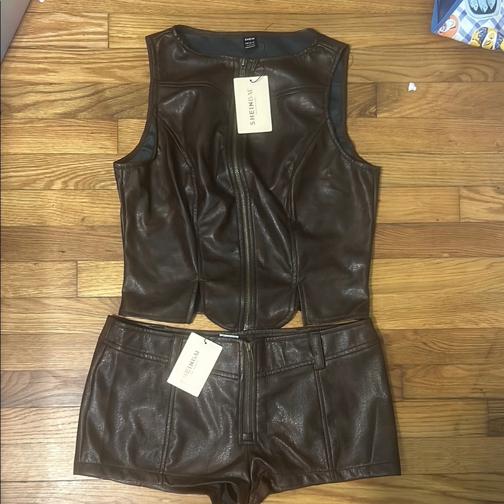 SHEIN Chocolate Brown Faux Leather Vest and Shorts